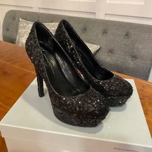 Womens Jessica Simpson black sequin platform heels